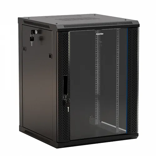 Шкаф настенный 19-дюймовый (19), 9U, 500x600х450мм, стеклянная дверь с перфорацией по бокам, ручка с замком, цвет черный (RAL 9004) (разобранный)
