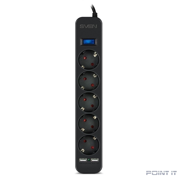 SVEN Фильтр SF-05LU 5.0 м (5 евро розеток,2*USB(2.4А)), черный, цветная коробка [SV-018856]