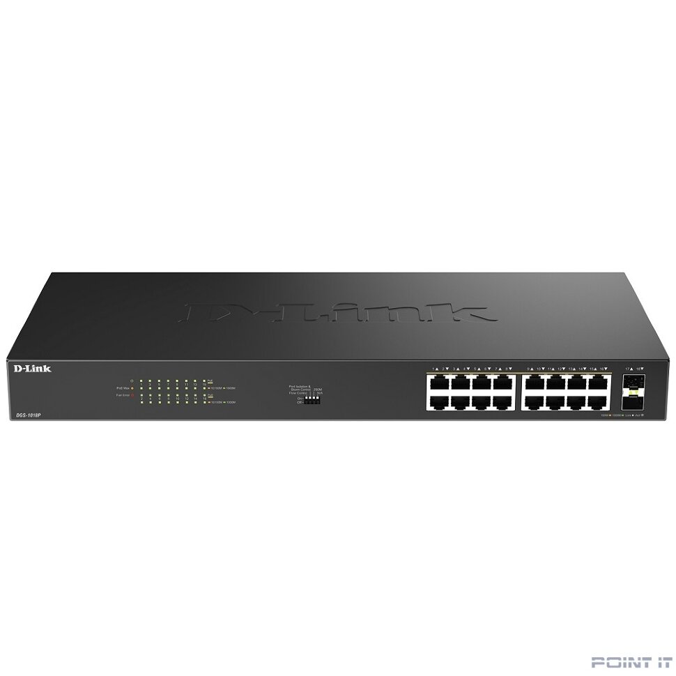 D-Link DGS-1018P/B1A Конфигурируемый коммутатор с 16 портами 10/100/1000Base-T, 2 портами 1000Base-X SFP и DIP-переключателем (16 портов PoE 802.3af/at, PoE-бюджет 240 Вт)