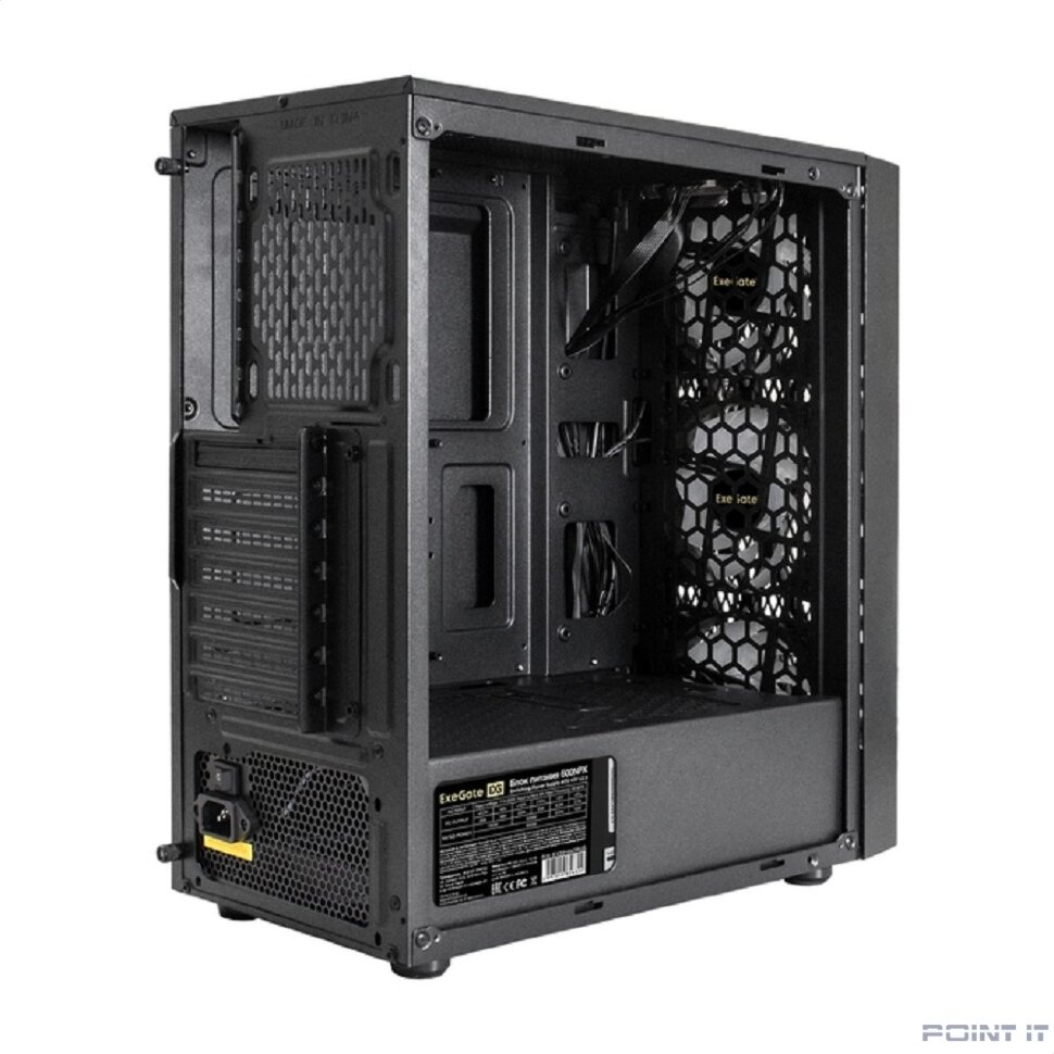 Exegate EX293018RUS Корпус Miditower ExeGate EVO-8243-NPX600 (ATX, БП 600NPX с вент 12 см, 2*USB+1*USB3.0, черный, 3 вент. с RGB подсветкой, боковая панель - закаленное стекло)